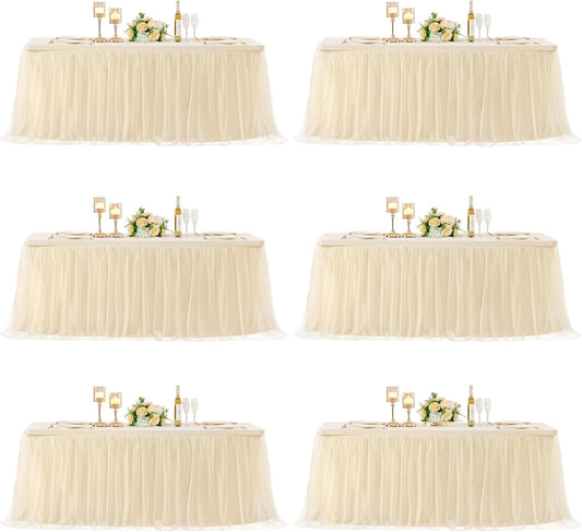 6 Pack 6ft Champagne Tulle Tablecloths for Rectangle Tables, 72 x 30 Inch Rectangular Table Cloth, Wrinkle Free Table Cover with Tutu Skirt for Wedding Birthday Party Banquet Buffet Decorations