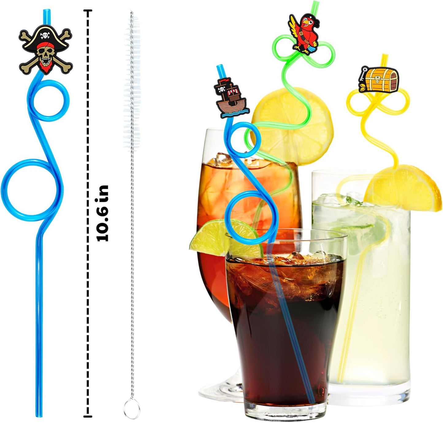24 PCS Pirate Drinking Crazy Straws for Kids | Pirate Themed Birthday Party Supplies Favors Decorations with 24 PVC Charm, 2 Cleaning Brushes Reusable Straw