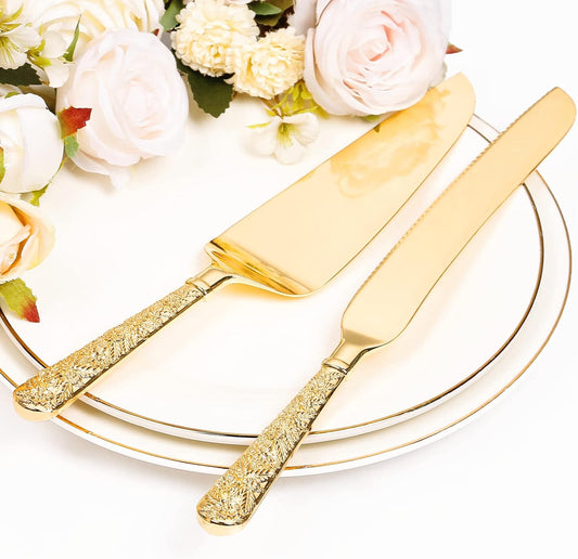 Cake Knife and Server Set for Wedding, Gold Cake Cutting Set, Elegant Cake Knives Cutter Set, Pie Pastry Servers, Birthday Bridal Quinceañera Gift (F-Flower)