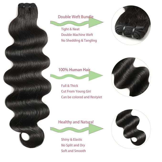 Human Hair Bundles 10 12 14 Inch 12A Body Wave Bundles Human Hair 100% Unprocessed Brazilian Virgin Hair 3 Bundles Double Weft Hair Extensions for Black Women Natural Black