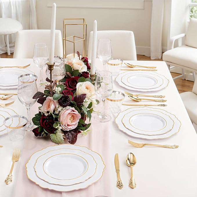 Liacere 700PCS Gold Plastic Plates - Baroque Dinnerware Sets for 100 Guests - 200 Disposable Plates（10inch，7inch）, 300 Gold Plastic Silverware, 100 Cups, 100 Napkins for Wedding & Easter Day