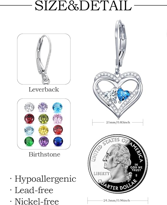 Valentines Day Gifts for Women, Heart Leverback Earrings Double Birthstone Dangle Earrings for Women, Love Jewelry for Her, Anniversary Birthday Gift for Mom Wife Girlfriend
