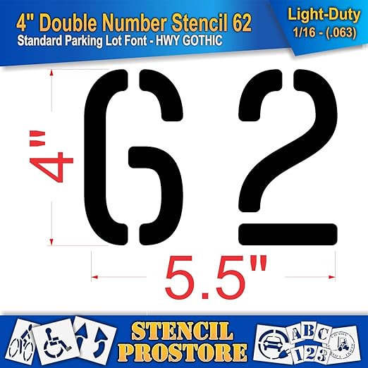 Pavement, Curb, and WheelStop Stencils - 4 inch Double Number Stencil - (62) - 4" x 5.5" x 1/16" (63 mil) - Light-Duty