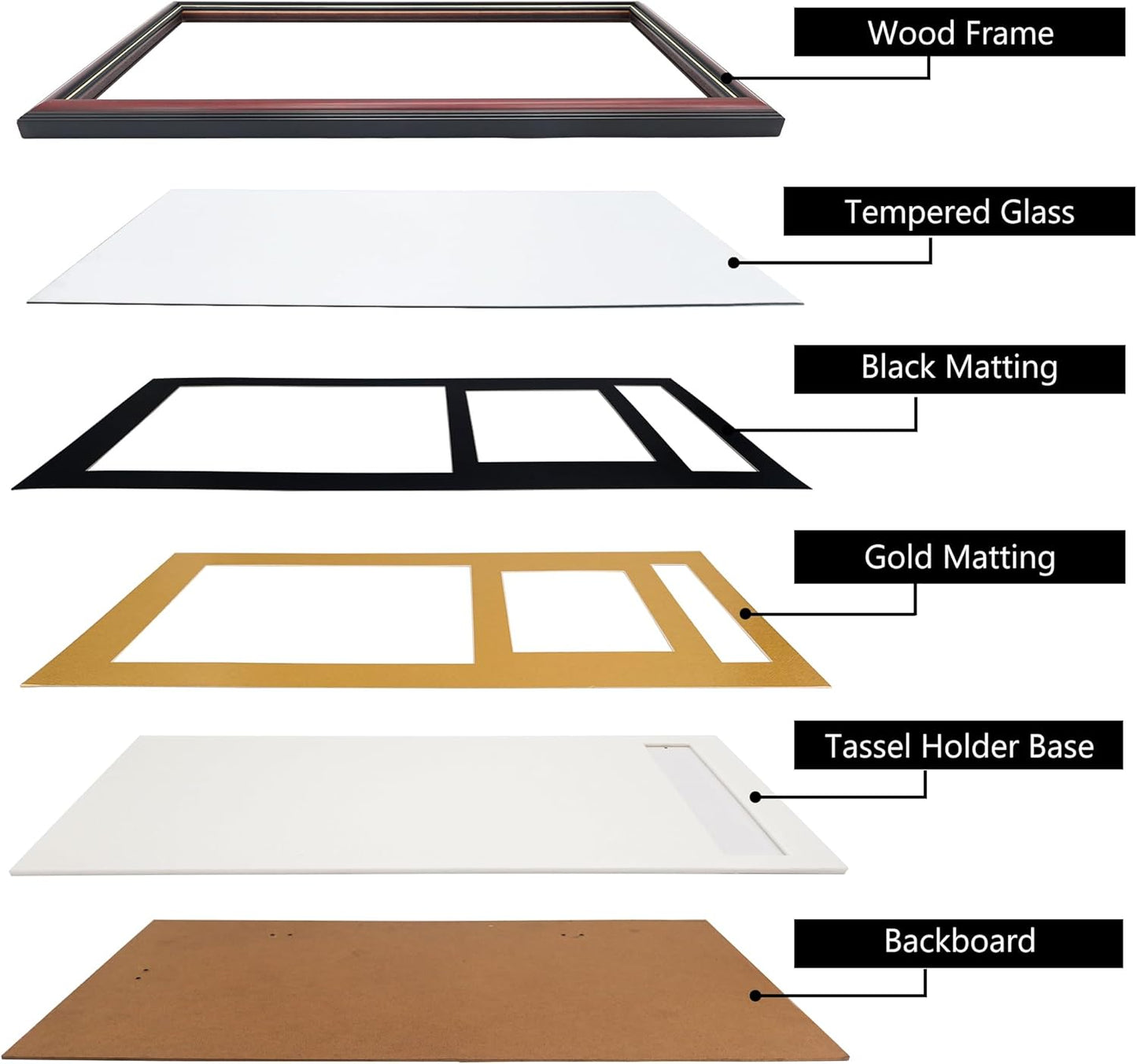 GraduationMall 11x22 Cherry Diploma Frame with Tassel Holder and Picture for 8.5x11 Certificate 5x7 Photo,Tempered Glass,Black over Gold Mat