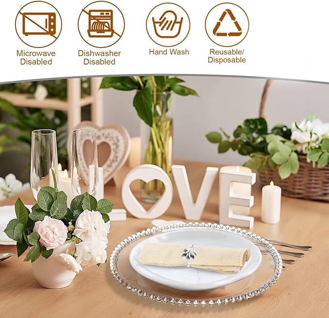 Bokon 50 Set Clear Charger Plates Bulk 13 Inch Beaded Plastic Charger Plates with Napkin Rings Acrylic Round Dinner Table Decorative Plates for Party Wedding Thanksgiving(Clear and Silver)