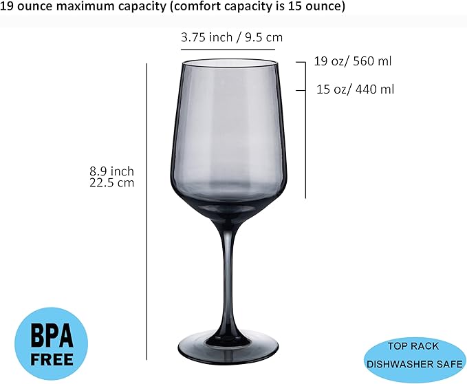 KOXIN-KARLU Unbreakable Classic 18 ounce All-Purpose Plastic Stem Wine Glasses Acrylic Glasses, set of 6 Grey