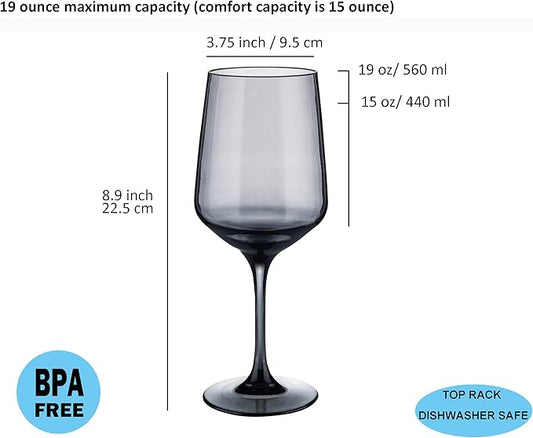 KOXIN-KARLU Unbreakable Classic 18 ounce All-Purpose Plastic Stem Wine Glasses Acrylic Glasses, set of 6 Grey