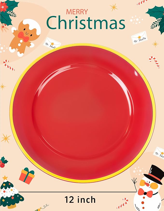WDF 25PCS Red Plastic Charger Plates - 12inch Red and Gold Chargers for Dinner - Disposable Charge Plates - Perfect for Wedding Baby Shower Spring Birthday Elegant Tabletop Decor