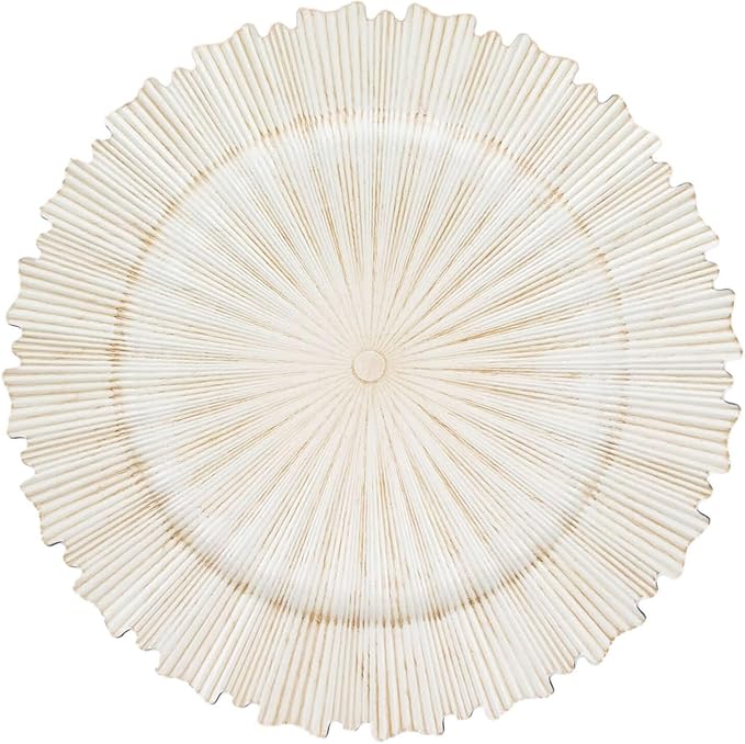 Efavormart 6 Pack | 13" Metallic Antique White Sunray Acrylic Plastic Serving Plates, Round Scalloped Rim Disposable Charger Plates