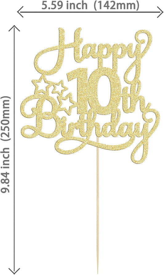 1 Pack Happy 10th Birthday Cake Topper Glitter Heart Star 10 Fabulous Cake Pick Birthday Sign Cake Decorations for Children 10th Birthday Theme Party Supplies Gold