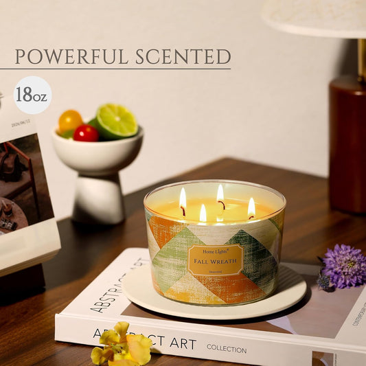 HomeLights Soy Wax Candles for Home Scented, 4-Wick Candles in Fall Wreath Scented, Rustic Modern Aromatherapy Candles Gift for Parties, Relaxing, 18oz