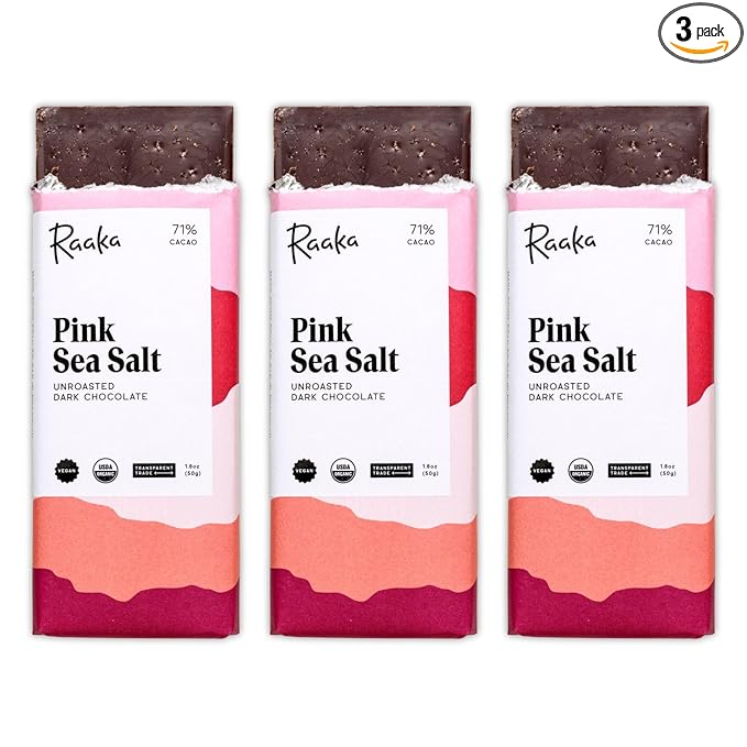 Raaka Pink Sea Salt Organic Dark Chocolate - 71% Cacao - Gourmet Dark Chocolate Gift Box - Organic, Vegan, Gluten Free, Kosher | 1.8oz Bars, 3-Pack