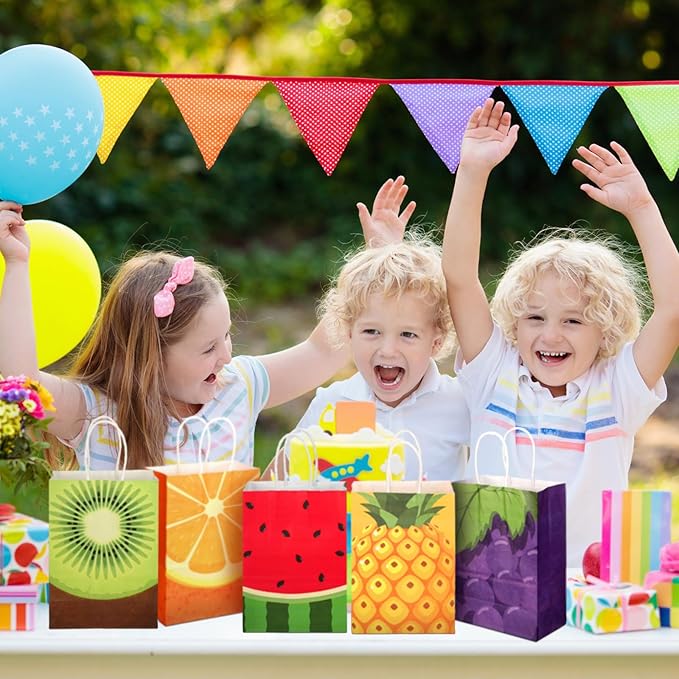 Outus 24 Pcs Summer Fruit Party Favors Bags Fruit Goodie Gift Paper Bag with Handles Tutti Frutti Strawberry Watermelon Candy Treat Tote Pouch for Summer Party Birthday Baby Shower Decoration Supplies
