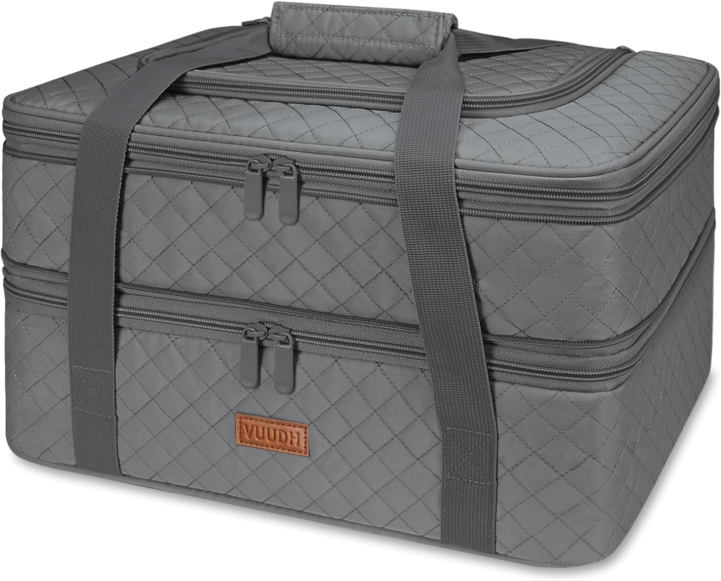 Vuudh Quilted Double Decker Casserole Carrier - Expandable Dish Carrying Case for Hot or Cold Food, Lasagna Holder for Potluck Parties, Picnic, Beach, Fits 9"×13" Baking Dish (Grey)