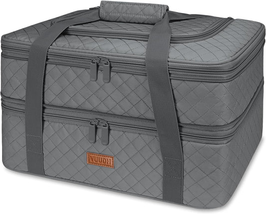 Vuudh Quilted Double Decker Casserole Carrier - Expandable Dish Carrying Case for Hot or Cold Food, Lasagna Holder for Potluck Parties, Picnic, Beach, Fits 9"×13" Baking Dish (Grey)