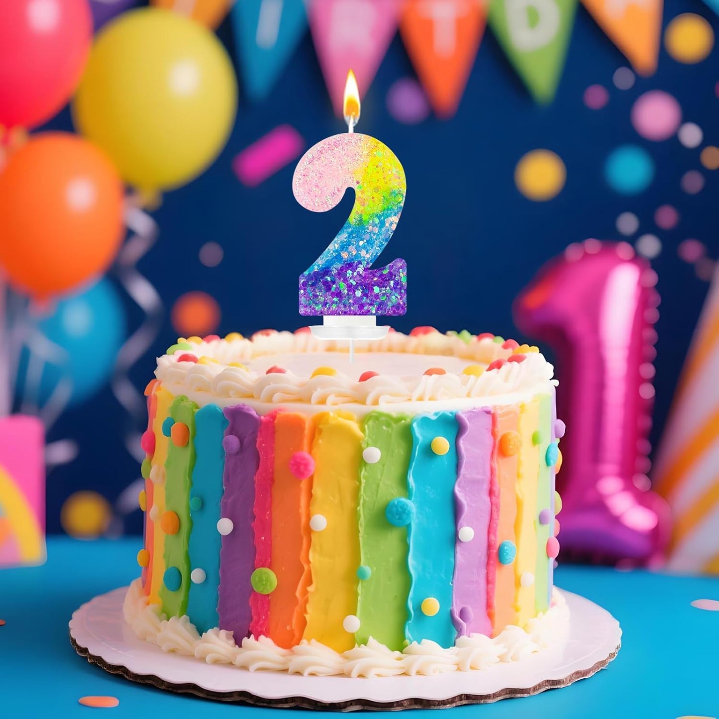 Birthday Candles Pastel Macaron Glitter 3D Rainbow Number Candles for Birthday Cake Girls Women Sweet Theme Birthday Wedding Anniversary Party Cake Decoration (Number 2)