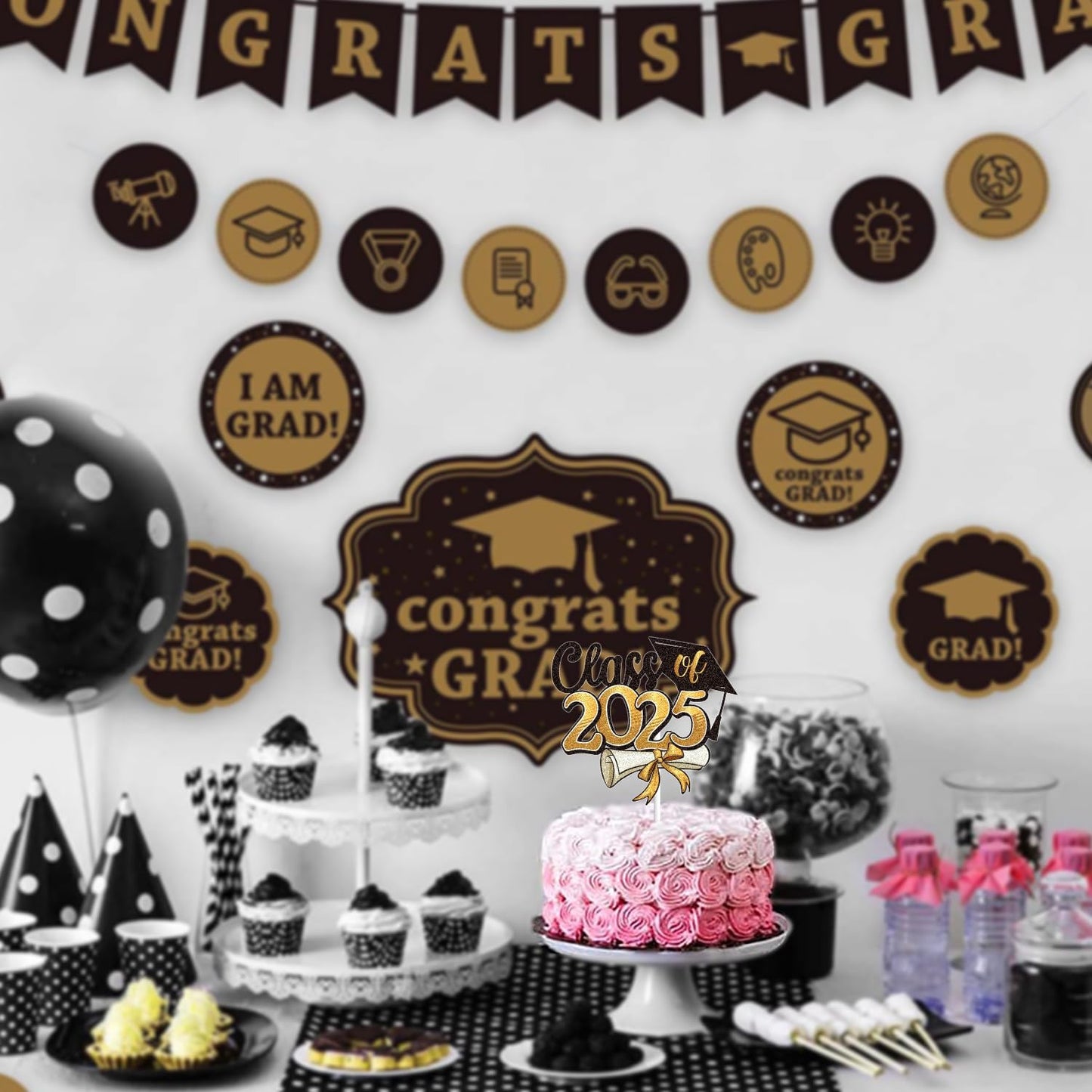 Class of 2025 Happy Graduation Cake Topper Gold Glitter Grad 2025 Happy Graduation We are So Proud of You Cake Decorations Congrats Grad Party Supplies (Gold)