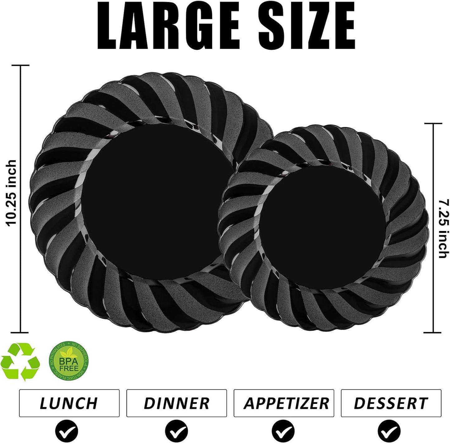 U-QE 60 Pcs Black Plastic Plates for Party – Scalloped Plastic Plates Heavy Duty – Include 30 10.25" Dinner & 30 7.25" Dessert Plate - Perfect for Parties, Weddings & Birthdays