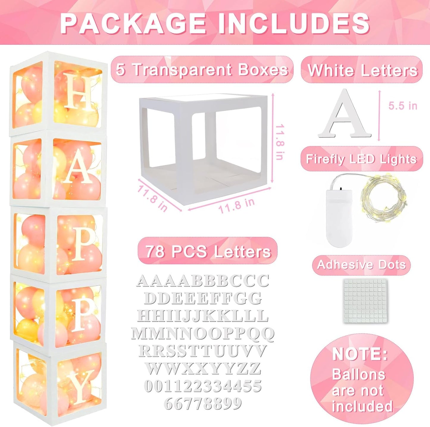 Ledido Transparent Balloon Boxes, Clear Balloon Boxes with 5 Pcs String Lights and 78 Letters for Baby Shower Gender Reveal Grad Birthday Party Anniversary Bridal Wedding Decor - 5 White Boxes