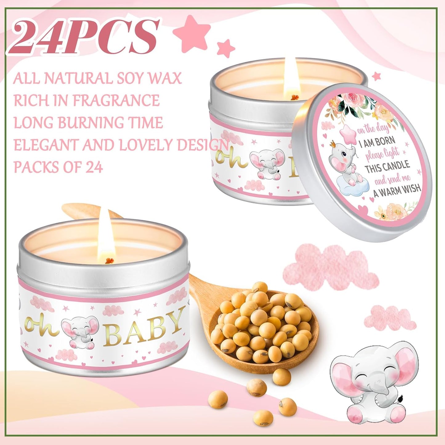 MTLEE 24 Pcs Elephant Baby Shower Party Favors Candles Lavender Scented Baby Shower Favors for Guests Rustic Tealights Candles Gender Reveal Return Gifts Girl Boy(1.2 Oz, Pink)