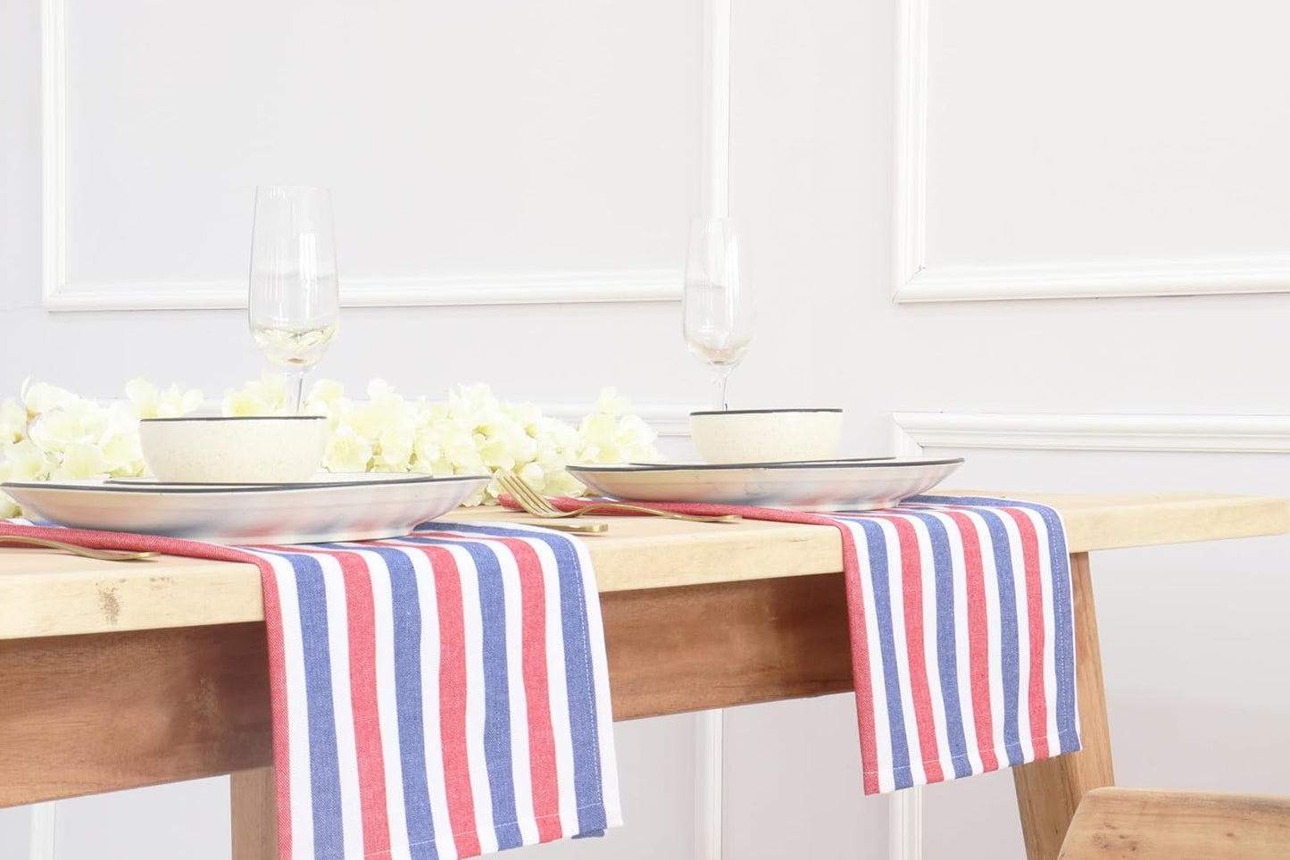 PurpleEssences 4th of July Plain Striped Cloth Napkins - Set of 12-100% Cotton - 18 x 18 Inch - Perfect Everyday Use Dinner Napkin - Labor Day- Red Blue White