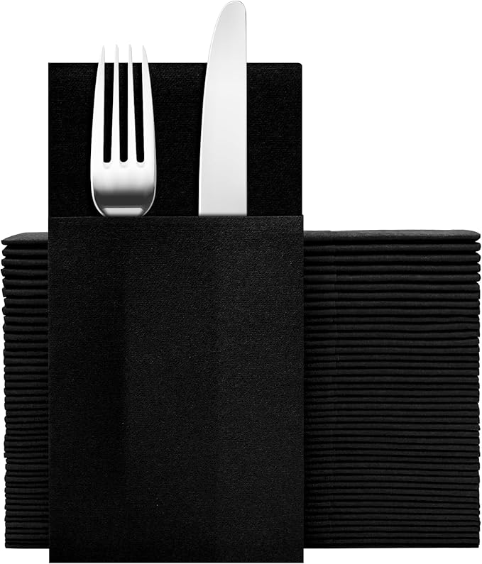 Black Napkins Hand Towels Disposable, Linen-Feel Dinner Napkins with Prefolded Built-in Flatware Pocket, Guest Paper Hand Towels For Wedding, Dinner Or Party (16x16in, 50Pack）