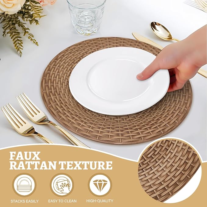 MAONAME Faux Rattan Charger Plates Set of 6, Table Chargers for Dinner Plates, 13" Round Brown Plate Chargers, Plastic Charger for Table Setting, Wedding Decor