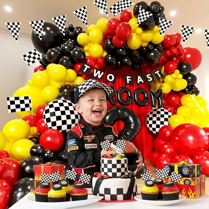 Race Car Balloons Arch Kit - 156Pcs Race Car Balloon Birthday Party Supplies, Banner, VROOM, Number 2 Foil Balloon Garland Kit for Racing Car Theme Two Fast 2nd Boy Birthday Party Decorations