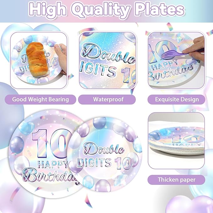 96Pcs Iridescent 10th Birthday Paper Plates and Napkins for Double Digits Party Dessert Cake Plates Disposable Decor 10 Years Old Parties Set for Kids Girls Boys 10-Year-Old Birthday Decorations