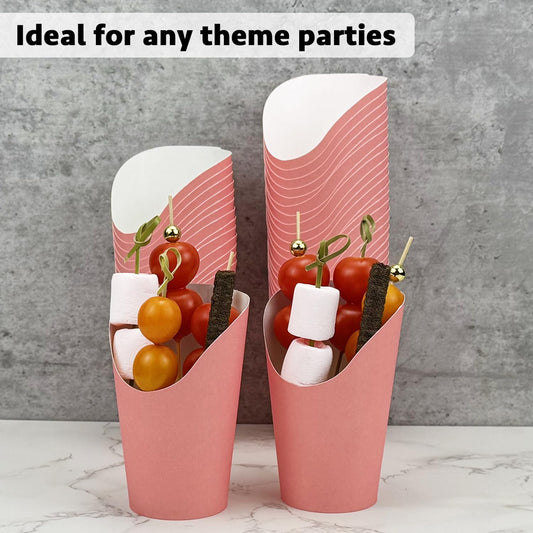 CAMKYDE 50 Charcuterie Cups + 200 Cocktail Picks + 56 Labels, 12 oz Disposable Charcuterie Cups with Sticks (2 Types), French Fry Cup Pink Paper Appetizer Cup for all Occasions (Pink)