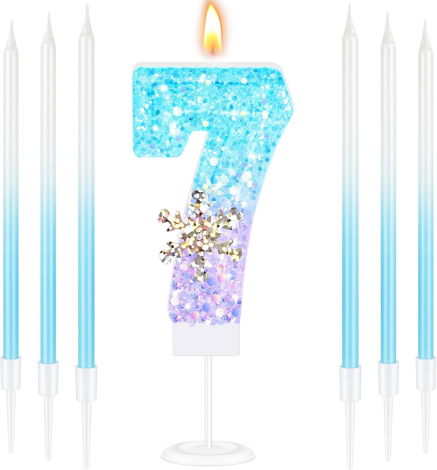 MTLEE Number 7 Birthday Candle Blue Snowflake with 6 Long Thin Cupcake Candles Blue Sparklers Glitter Number Happy Birthday Cake Topper Decorations for Winter Party Supplies