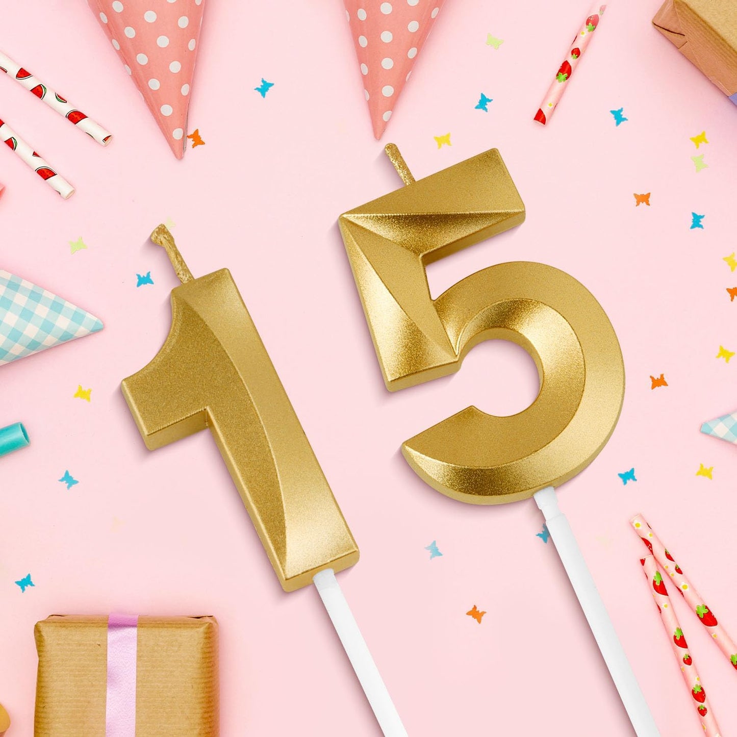 Birthday Candles, 1.96 Inch Number 15 Happy Birthday Candles, Number Candles Decoration for Birthday Party and Anniversary Celebration(Champagne Gold)