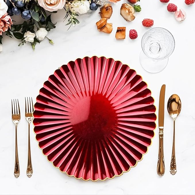Red Charger Plates, 13 Inch Plastic Round Dinner Charger Plates for Wedding Party, Tabletop Decor. (Set of 6)