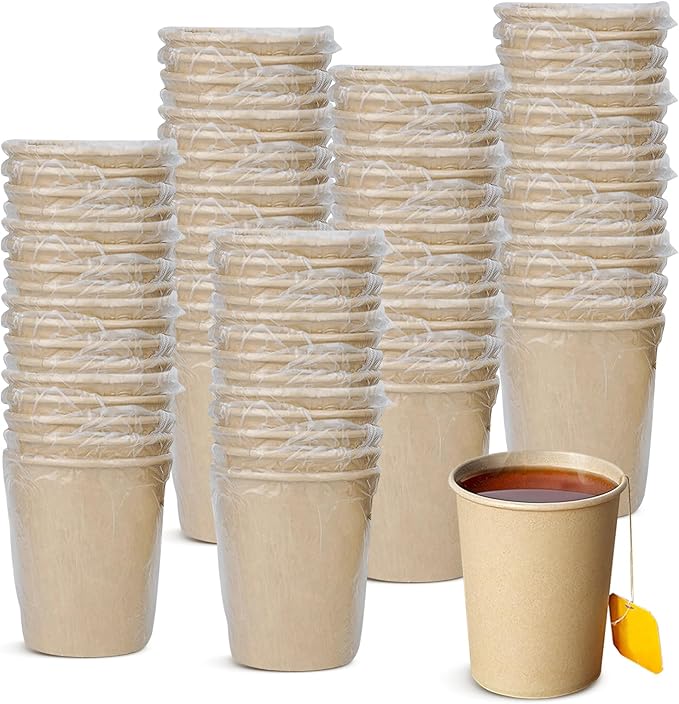 Jippedea Individually Wrapped Coffee Cups for Hotel Motel Room,100 Pack 8 Oz Paper Cups,Disposable Paper Cups for Cafes Bistros Parties(Brown)