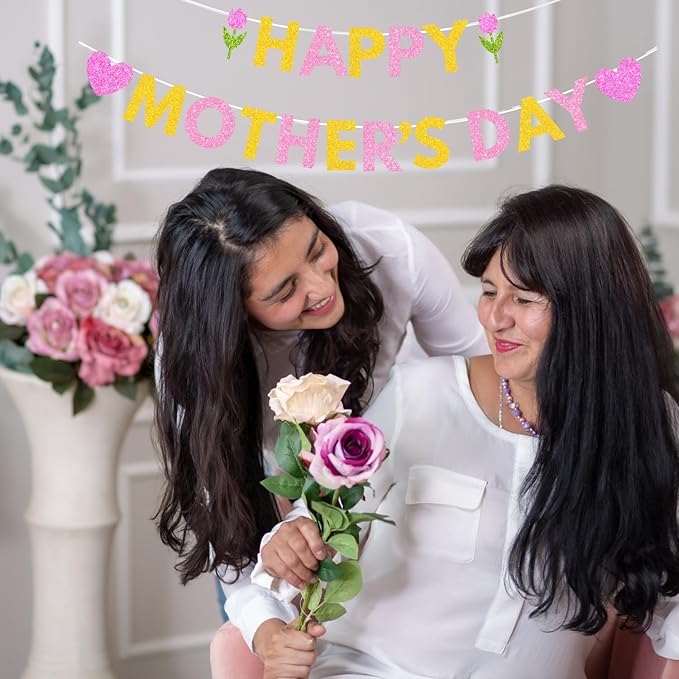 Happy Mother's Day Banner Set Decoration for Mother's Day Party Decorations Backdrop Garland for Mom Mother's Day Glitter Garland Photo Props (Pink Tulip Heart)