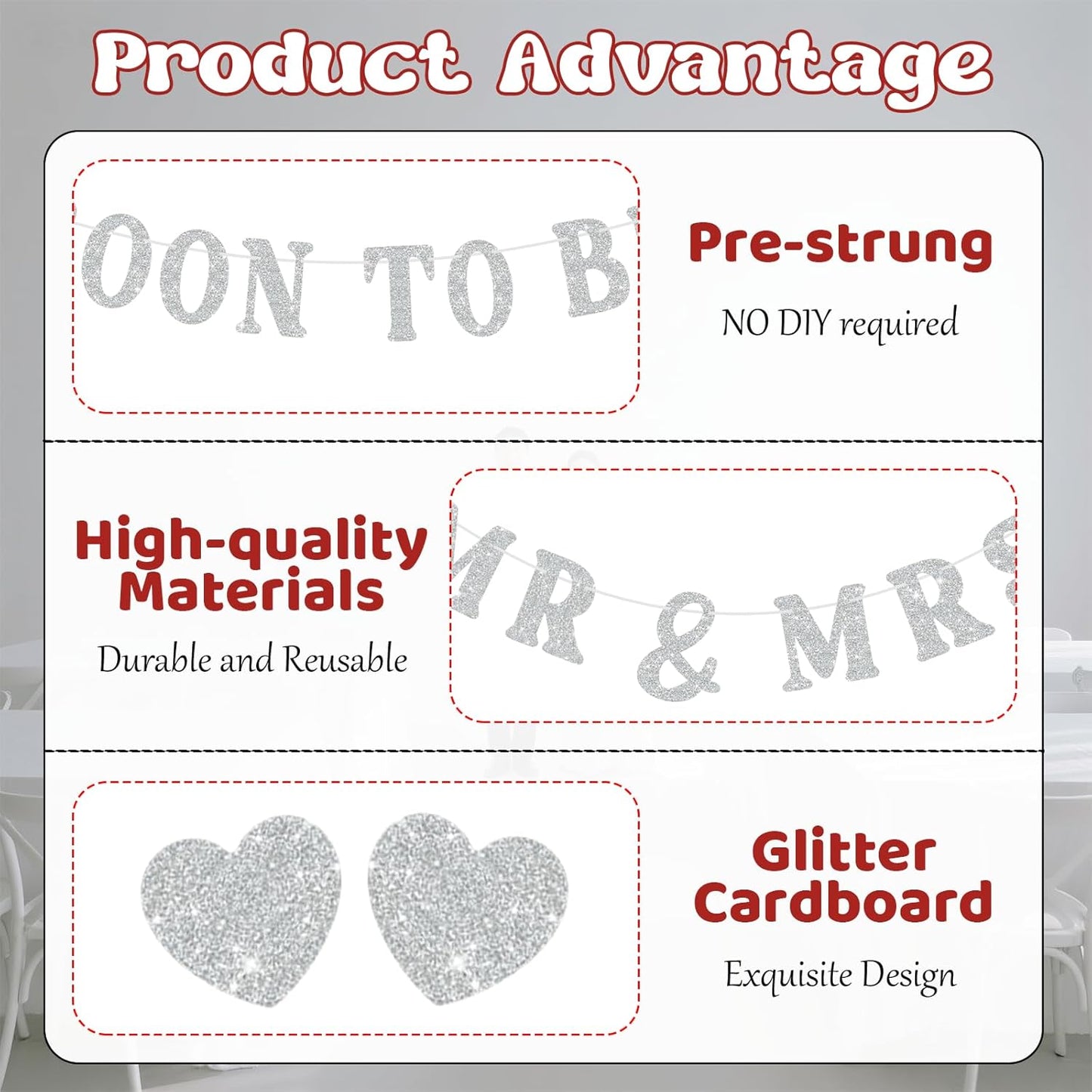 Soon To Be Mr & Mrs Banner for Bridal Shower Decorations, Pre-Strung Silvery Glitter Engagement Banner, Wedding Decorations for Home Party Mantle Hanging Sign Couples Shower Decorations