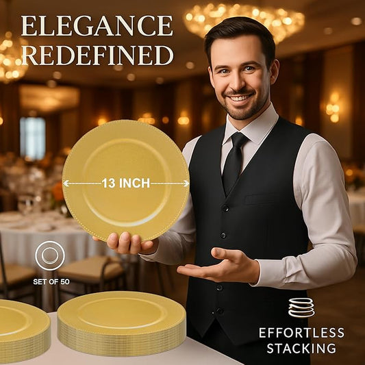 JEVERGN 50 Pack Gold Charger Plates Bulk, 13" Beaded Chargers for Dinner Plates, Gold Plate Chargers Set of 50, Round Plastic Charger for Wedding, Party Event, Dinner, Table Setting