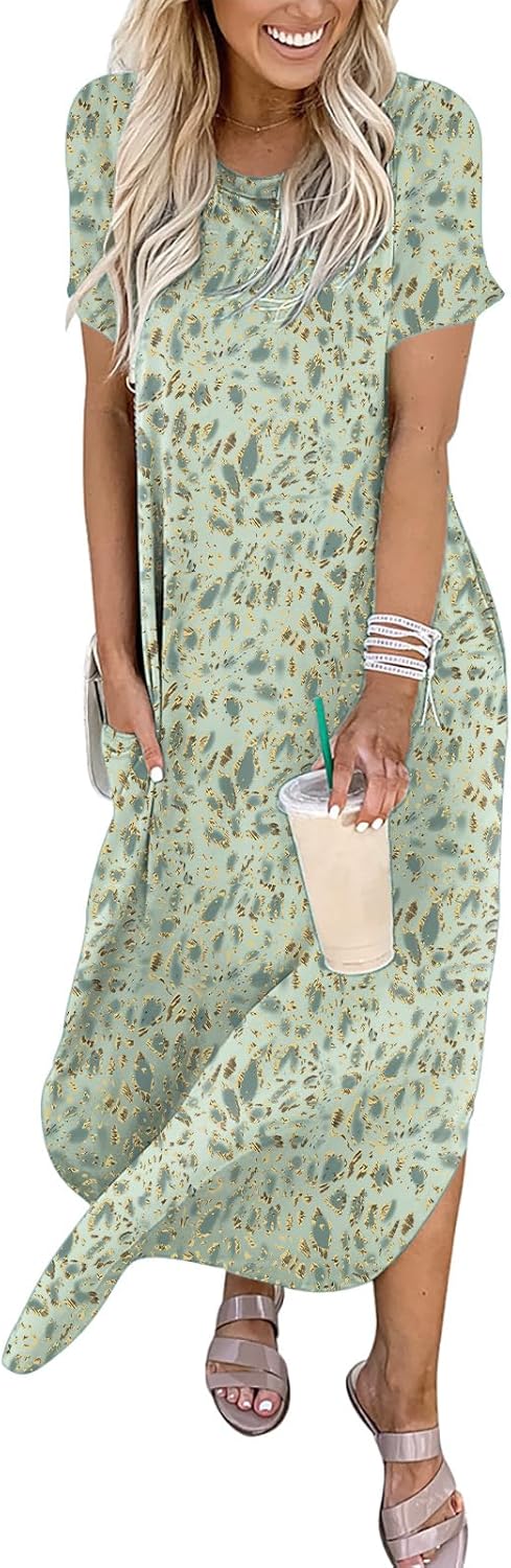 ANRABESS Womens Summer Maxi Dress Short Sleeve Casual Loose Long T Shirt Dresses Split Vacation Beach Sundress Travel Outfits