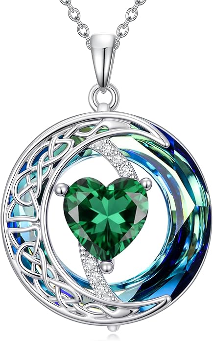 Valentines Day Gifts for Women, Birthstone Necklace for Women, Celtic Moon Pendant Blue Crystal Necklace Heart Jewelry Anniversary Jewelry Gift for Daughter Wife Mother Sister