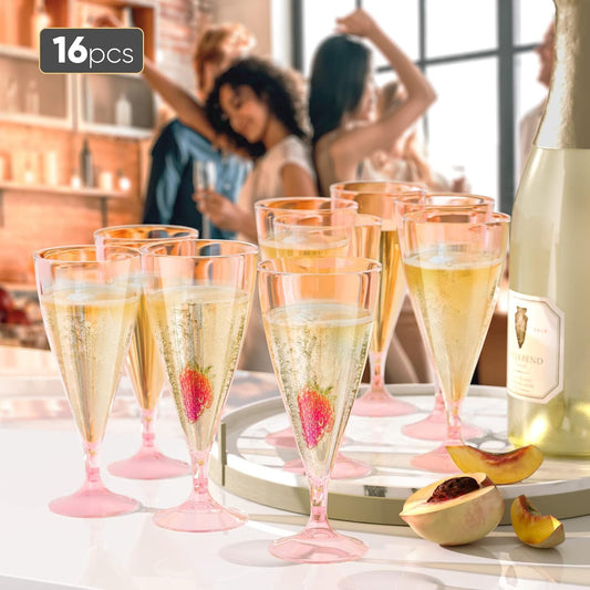 Champagne Flutes Plastic 16 Pack Stemless Champagne Flutes Shatterproof & Reusable Plastic Champagne Glasses BPA-Free Mimosa Glasses Perfect for Sparkling Wine Parties Christmas Events Dishwasher Safe