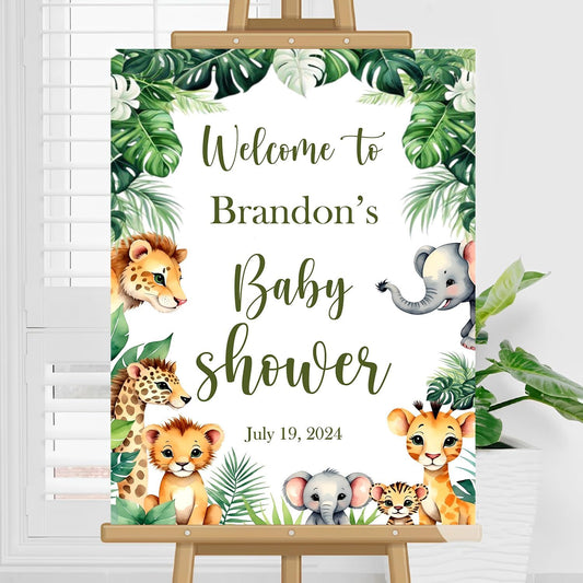Custom Baby Shower Sign, Baby Sign For Baby Shower, Lion Zebra Deer Elephant Theme Baby Shower Decorations, Safari Greenery Baby Shower Decorations, Welcome Baby Shower Sign