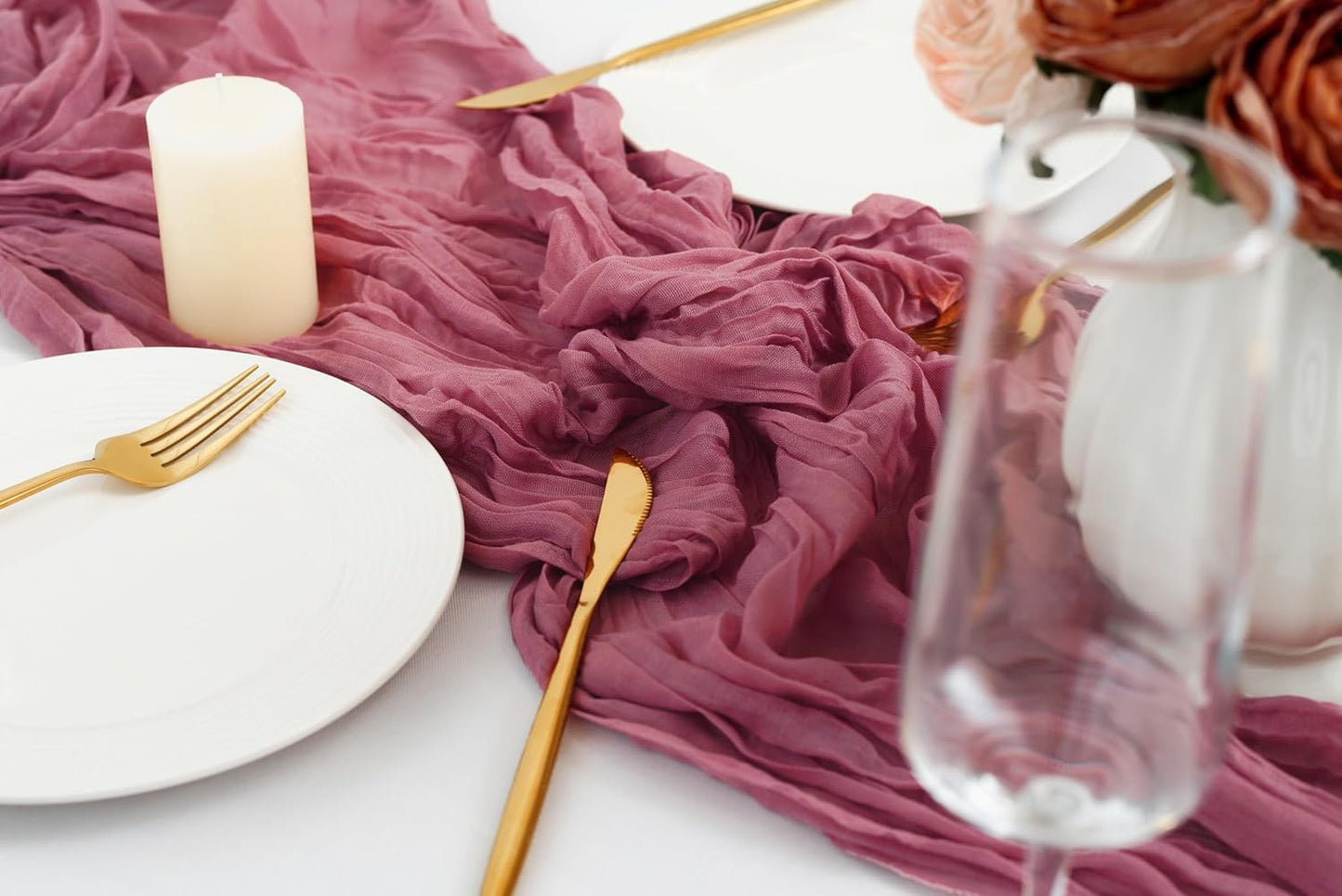 combocube 12 Pack 35x120 Inch 10Ft Cheesecloth Long Table Runner Gauze Rustic Romantic Table Cloth for Wedding Reception Bridal Shower Holiday Birthday Party Table Decorations, Dusty Rose