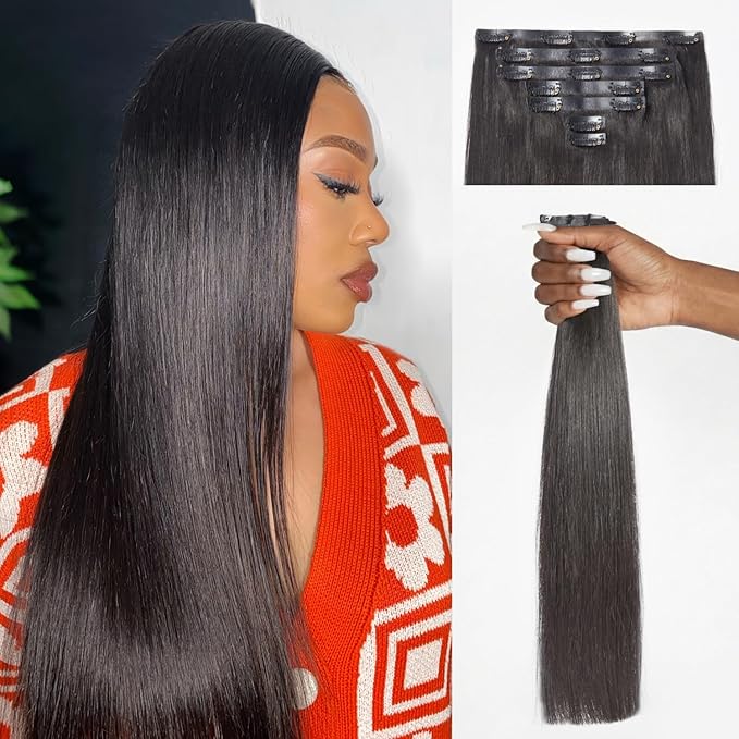 LUVME Clip in Hair Extensions Natural Black Human Hair Extensions Clip ins Silky Straight Real Human Hair on Extension 7pcs 135g 26inch
