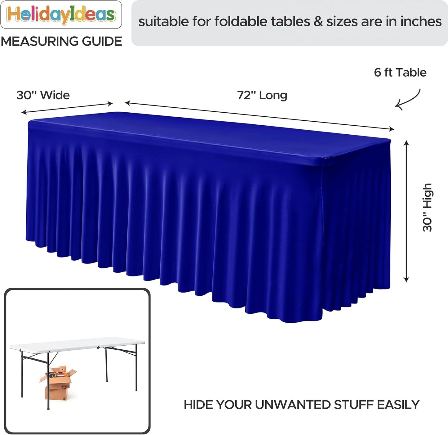 HolidayIdeas Royal Blue Spandex Table Skirts for Rectangle Tables 6ft, Fitted Stretch Table Cover 30x72 Inch, Wrinkle-Free Ruffle Design Tablecloths for Banquets,Trade Shows, Parties, Events, 4 Pack