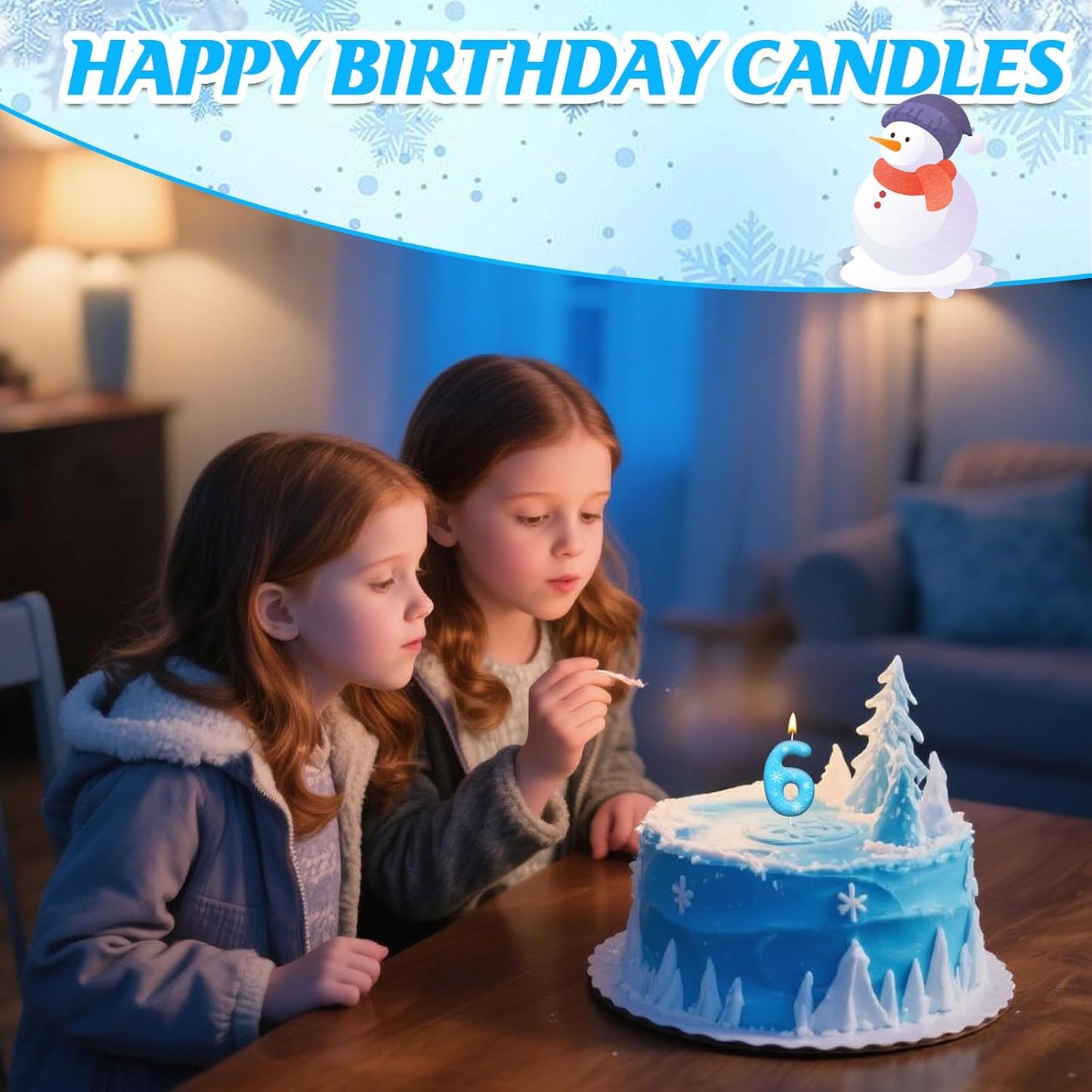 White and Blue Frozen Themed Party Birthday Candles - Blue Number Candles Snowflake Themed Party Decorations, Girls Party Supplies(Number 6)