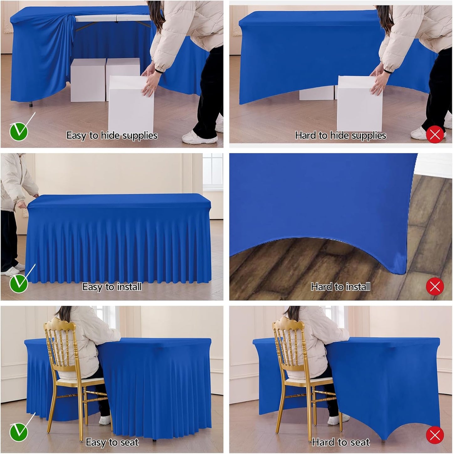 Leegleri 6 Pack Royal Blue Spandex Tablecloths for 8ft Rectangle Tables, Wrinkle Free Fitted Table Cloths with Skirt for Parties, Weddings, Birthday, Banquet, Baby Shower