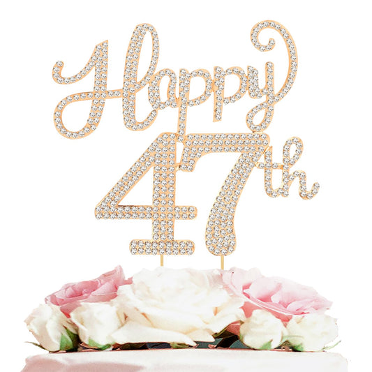 Happy 47th Birthday Decorations,47th Birthday Gold Rhinestone Cake Topper - Cheers to 47 Years Old Bday Party Metal Sparkly Cake Centerpieces Sign.