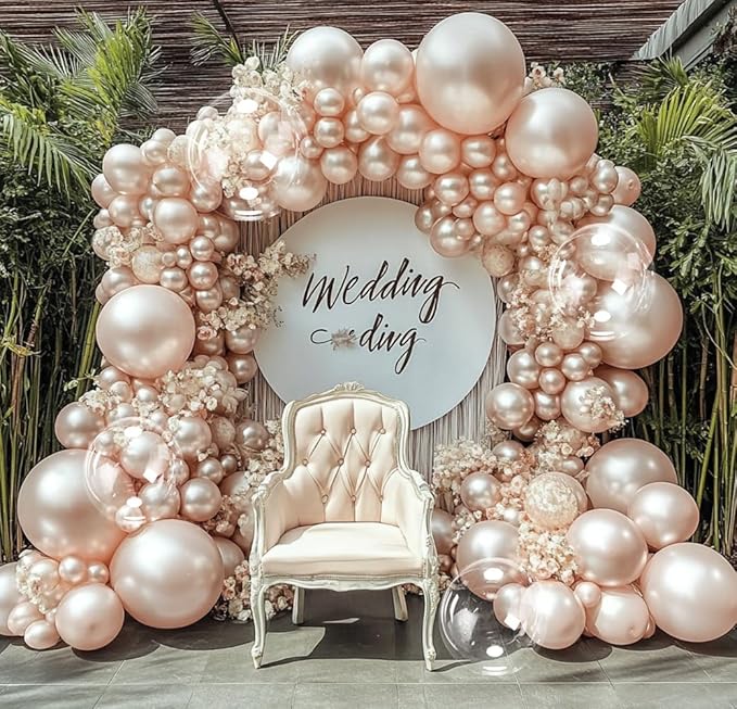 Pearl Balloon Arch Double Stuffed Pearl Rose Pink Metallic Balloon Garland Kit Different Sizes 12/10/5in With Clear Bobo Balloons for Birthday Wedding Bridal Baby Shower Engagement Party Decor