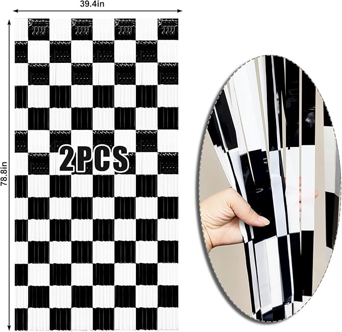 2 Packs Race Car Foil Fringe Curtain, Black White Checkered Glitter Metallic Tinsel Backdrop for Birthday, Baby Shower, Racing Car Truck One Happy Dude Party Decorations Supplies