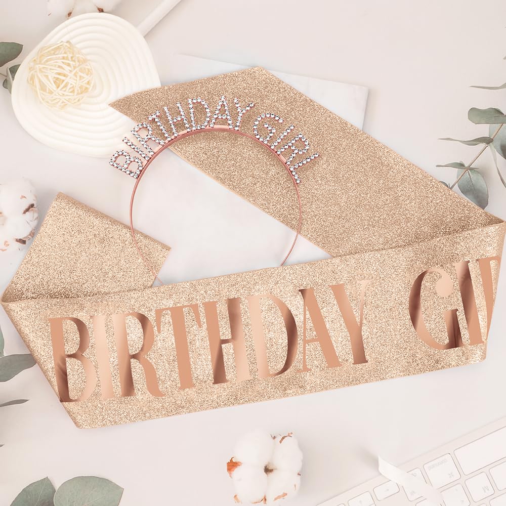 Birthday Crown Birthday Sash for Women, Birthday Girl Sash, Birthday Girl Crown, Glitter Rose Gold Birthday Sash and Crown Rhinestone Headband Set, Happy Birthday Girl Princess Tiara Sash Accessories